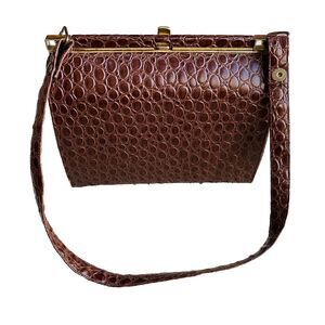 Vintage Lennox Moc Croc Purse Textured Leather Pocketbook Shoulderbag Brown Gold